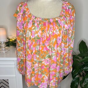Floral Boho Blouse in Orange and Pink